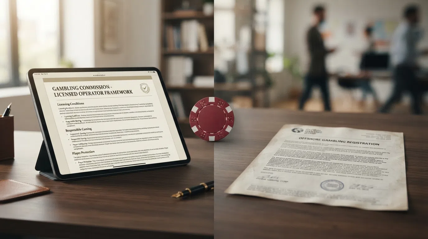 A split illustration contrasting a UK Gambling Commission licence badge on one side with an offshore casino registration document on the other