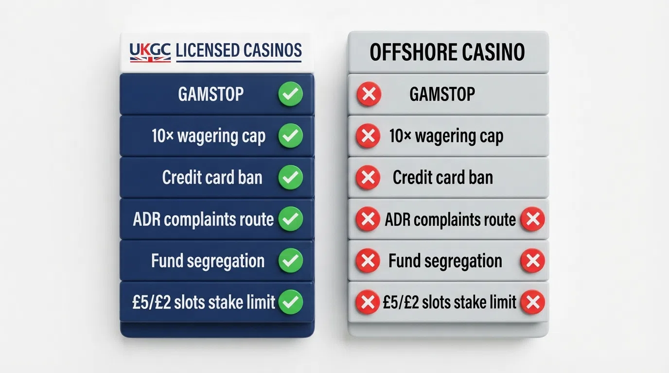 An infographic split into two columns: the left column lists UKGC protections (GAMSTOP, 10× wagering cap, credit card ban, ADR, fund segregation, £5/£2 stake limit) with green ticks; the right column shows the same protections with red crosses under an “Offshore Casino” header