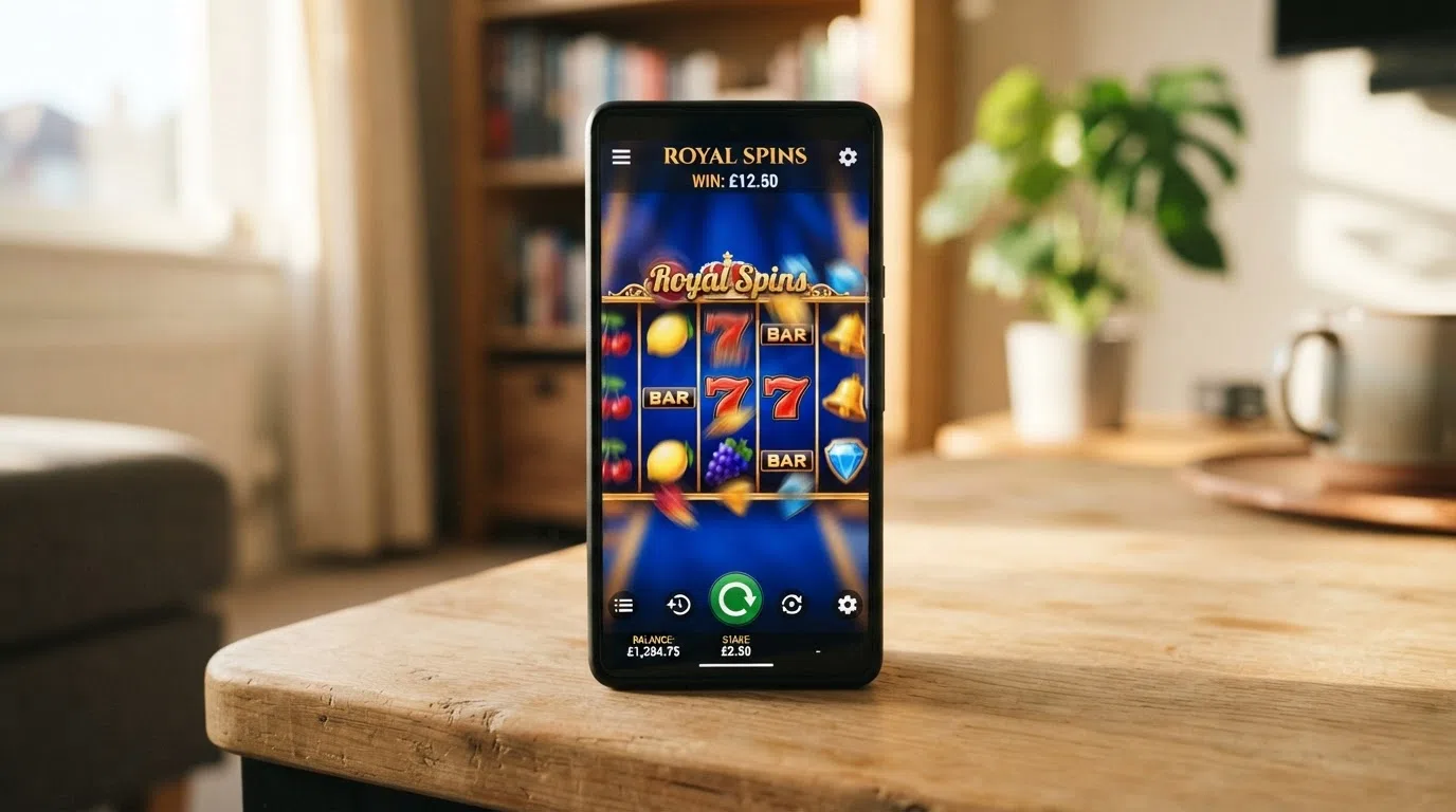 An online slot game in play on a smartphone, showing five reels of symbols mid-spin with the stake and balance displayed