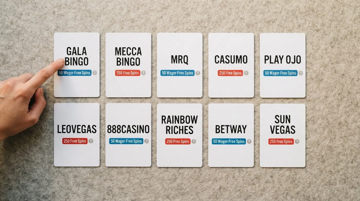 A side-by-side grid of ten UK casino brand names, each tagged with its surfaced welcome-offer value and a grey question mark where cheque acceptance is unverified