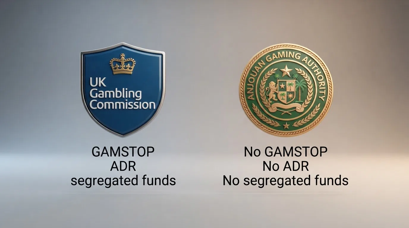 A split-frame visual contrasting a UK Gambling Commission licence badge on the left with an Anjouan Gaming Authority licence badge on the right, with key protection labels beneath each