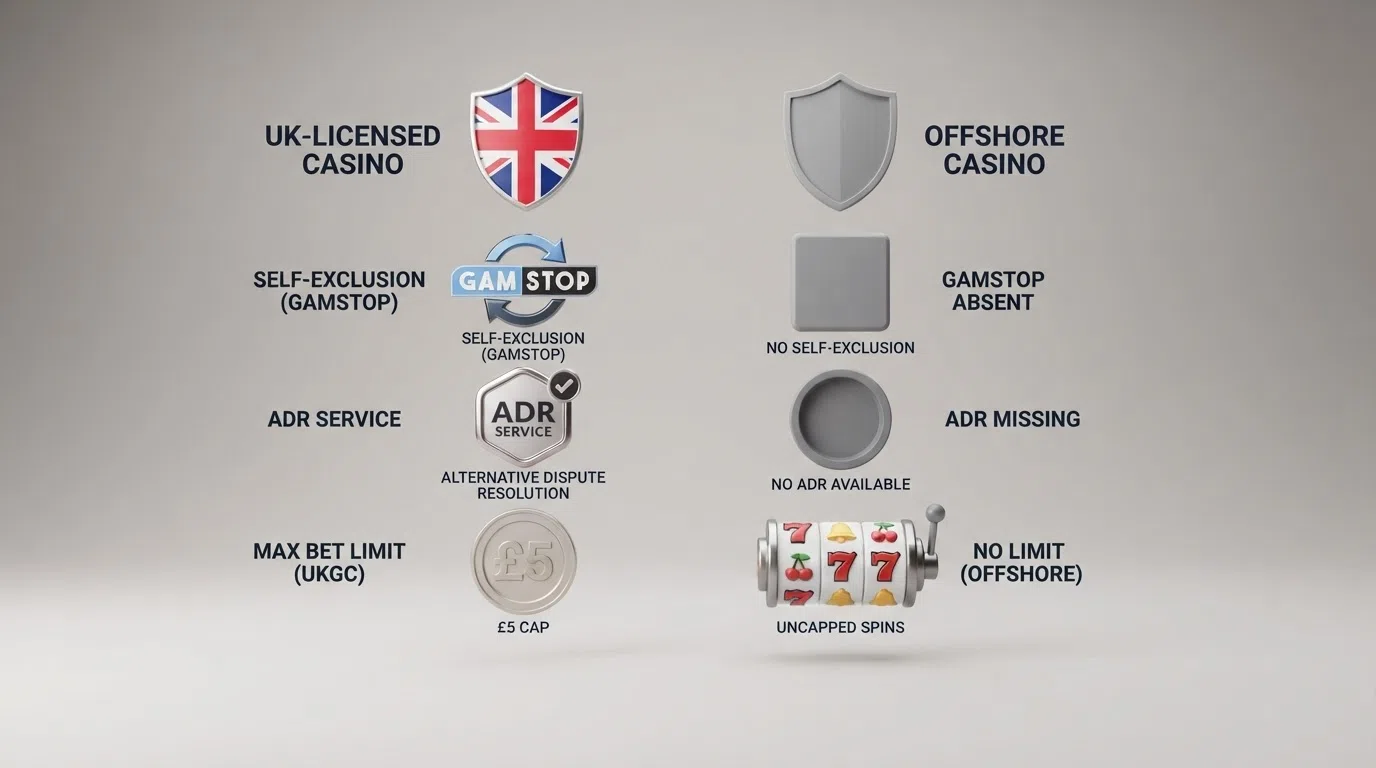 Two columns of icons — one side a shield with a UK flag and the words GAMSTOP, ADR, £5 cap; the other side an empty shield with a question mark