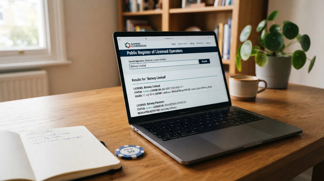 A laptop showing the Gambling Commission public register search
