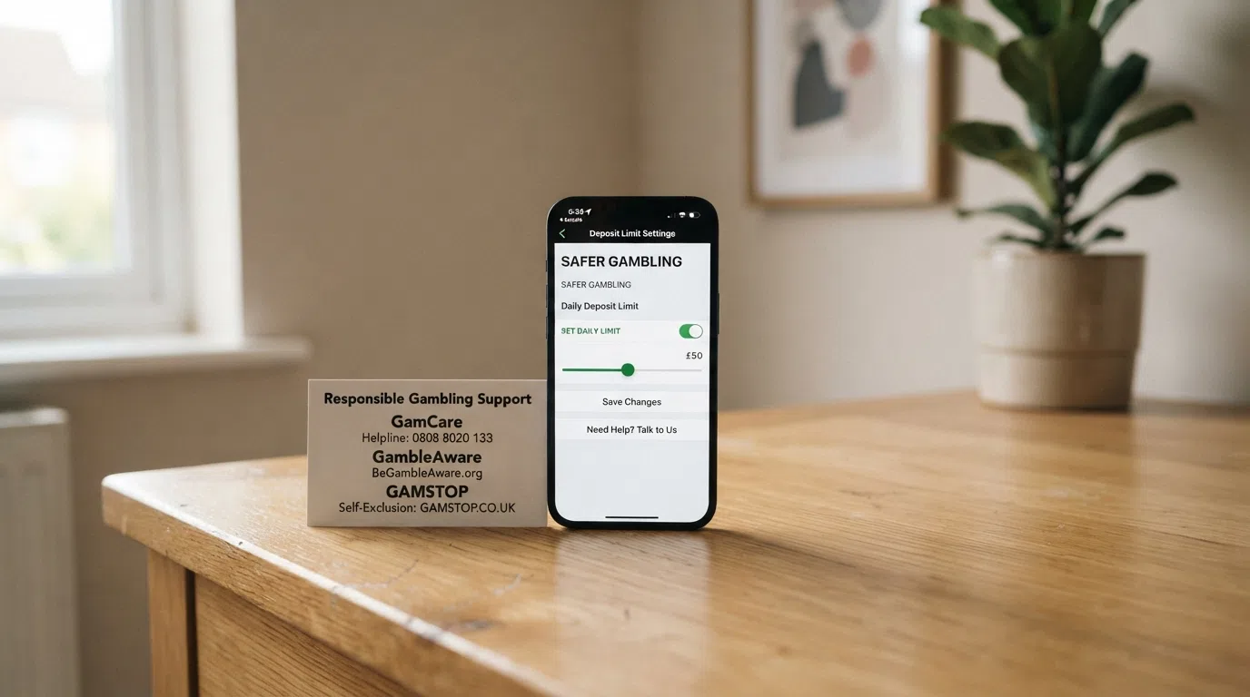 GamCare, GambleAware, and GAMSTOP logos arranged alongside a smartphone displaying a deposit-limit settings screen