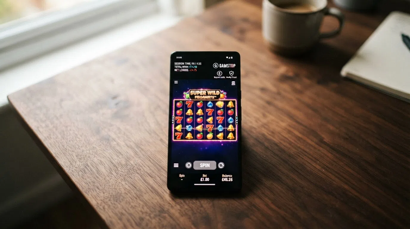 A UKGC-licensed casino slot screen overlaid with the mandatory session-timer display showing elapsed time, total wins and losses, with the deposit-limit and GAMSTOP icons visible in the toolbar