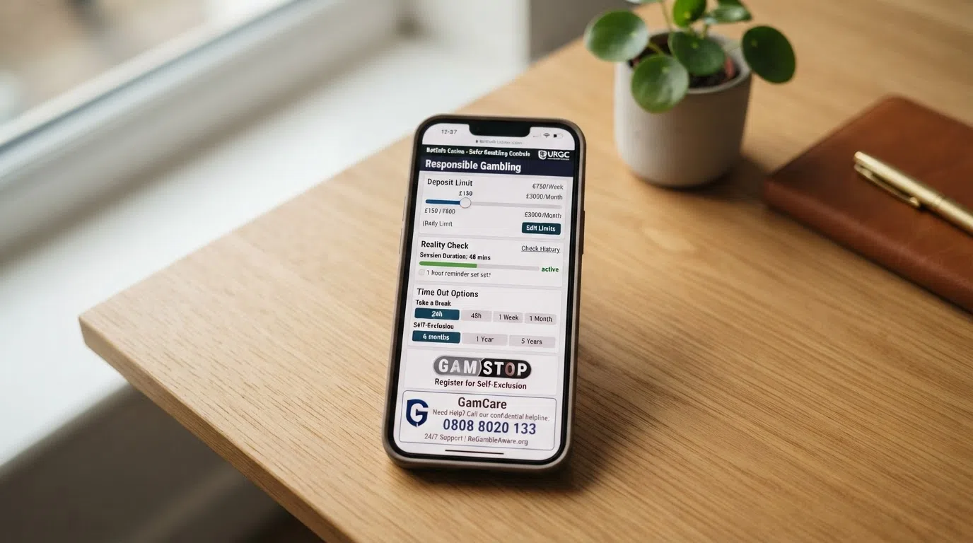 A clean screenshot of a UKGC-licensed casino's responsible-gambling dashboard showing the deposit-limit slider, reality-check timer, time-out options and GAMSTOP link, with the GamCare helpline number visible.