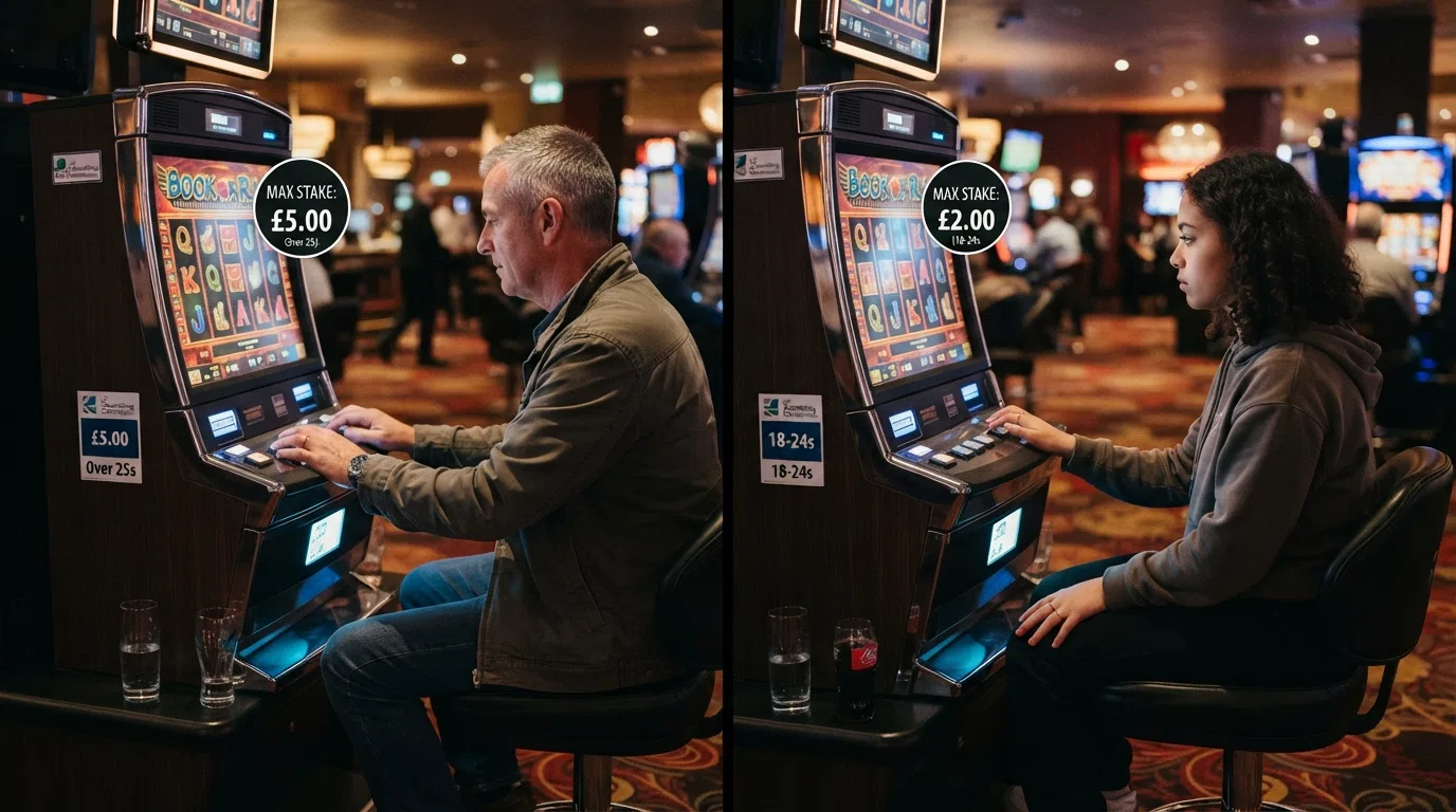 A split-screen visual contrasting a slot screen displaying a £5 max stake badge with a second screen showing a £2 max stake badge, with the UK Gambling Commission logo and a calendar marking April–May 2025