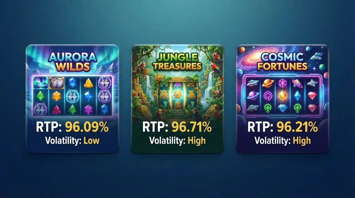 Three slot-game title cards — Starburst, Big Bass Bonanza and Book of Dead — arranged side by side with their RTP percentages and volatility labels overlaid