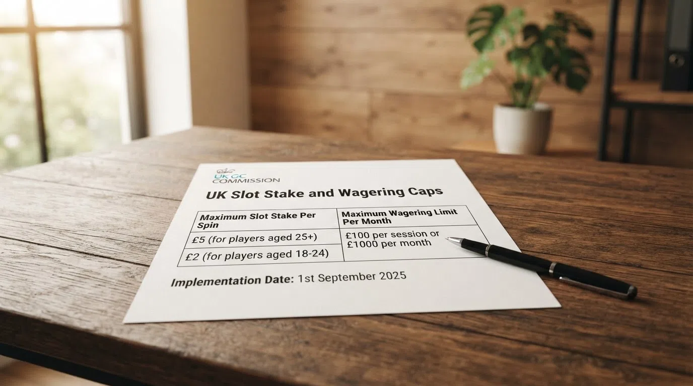 A regulator's notice showing the £5 and £2 per-spin slot stake caps with a 10× wagering cap stamp.