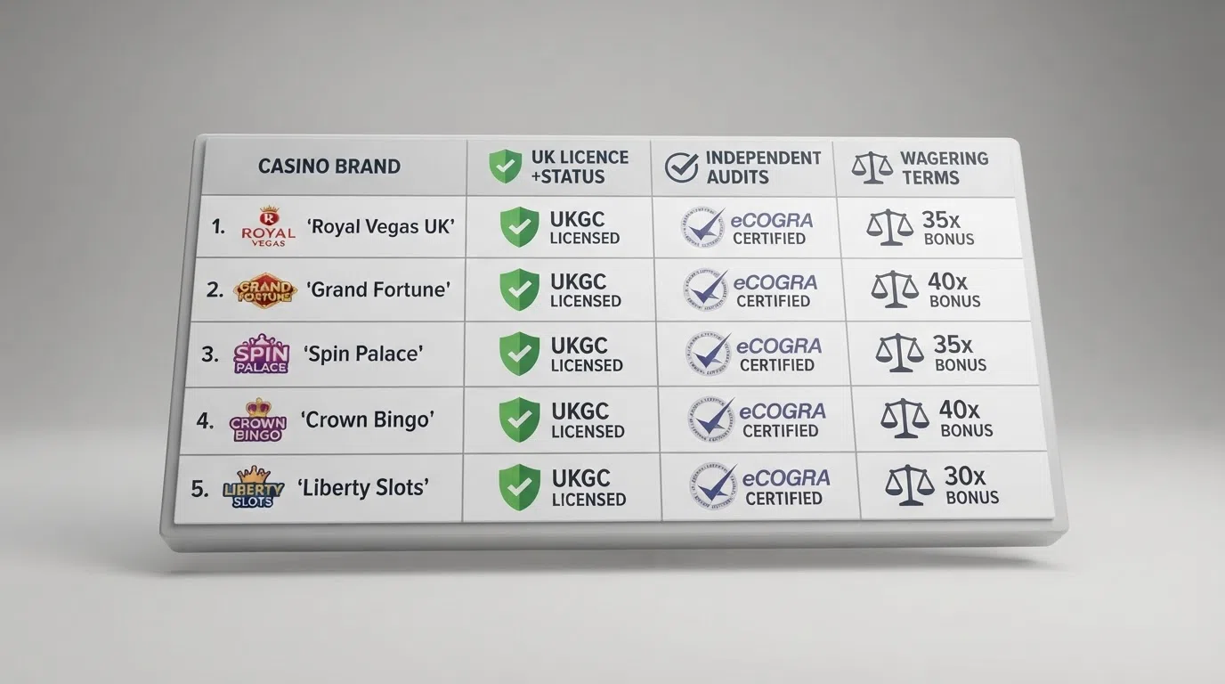 A clean grid layout showing casino brand logos alongside trust markers — licence status indicators, independent audit badges and wagering-term summaries — in a side-by-side visual comparison