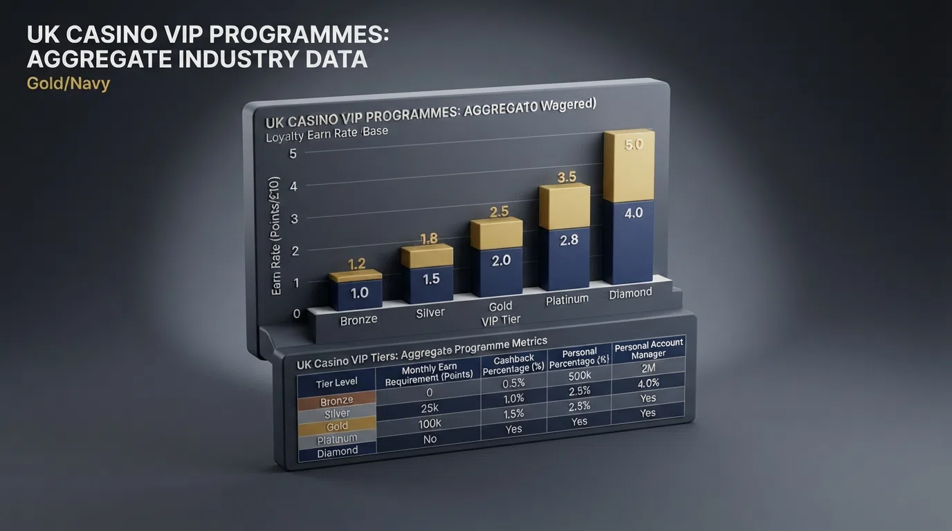Side-by-side visual comparison of UK casino VIP programme features including tier structures, cashback rates and loyalty point values