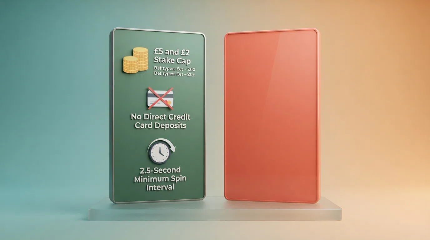 A side-by-side table graphic of GB stake caps (£5 age 25+, £2 age 18–24), a crossed-out credit card icon, and a clock showing a 2.5-second minimum spin interval