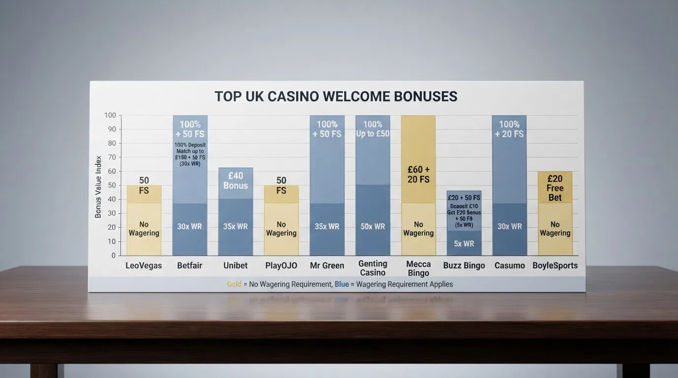Side-by-side comparison of ten UK casino welcome bonus offers sorted by free-spins count and wagering requirement, with no-wagering offers highlighted in a distinct colour