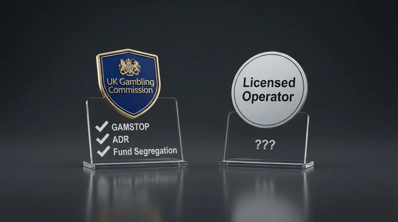 A split visual: on the left, a UKGC licence badge with checkmarks labelled “GAMSTOP,” “ADR” and “Fund Segregation”; on the right, a generic shield icon with question marks beside the same labels