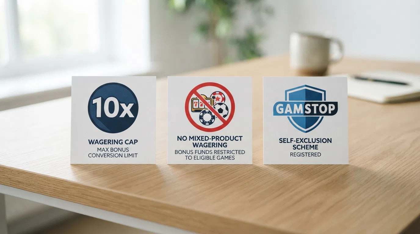 The Gambling Commission logo beside a simplified visual summary of the three key bonus protections — a 10× wagering cap icon, a crossed-out mixed-product symbol and a shield marked GAMSTOP — on a clean white background.