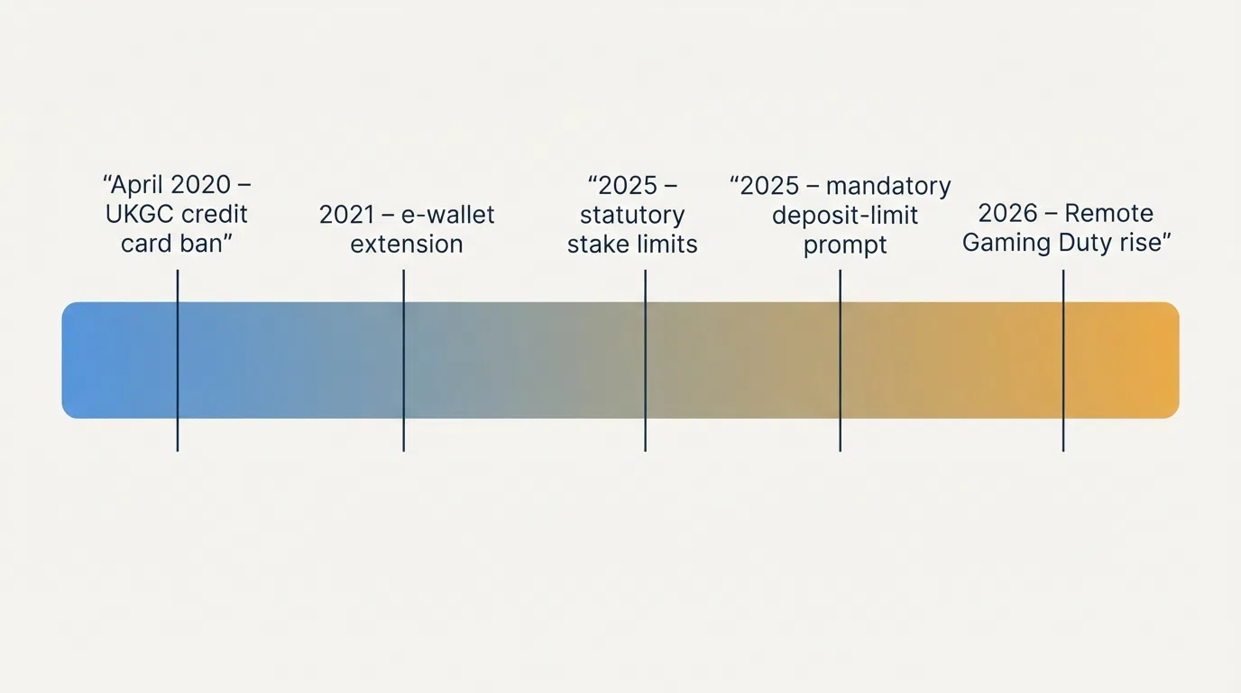A horizontal timeline graphic showing the key regulatory milestones — April 2020 credit card ban, the e-wallet extension, the 2025 stake limits and deposit rules, and the 2026 RGD rise
