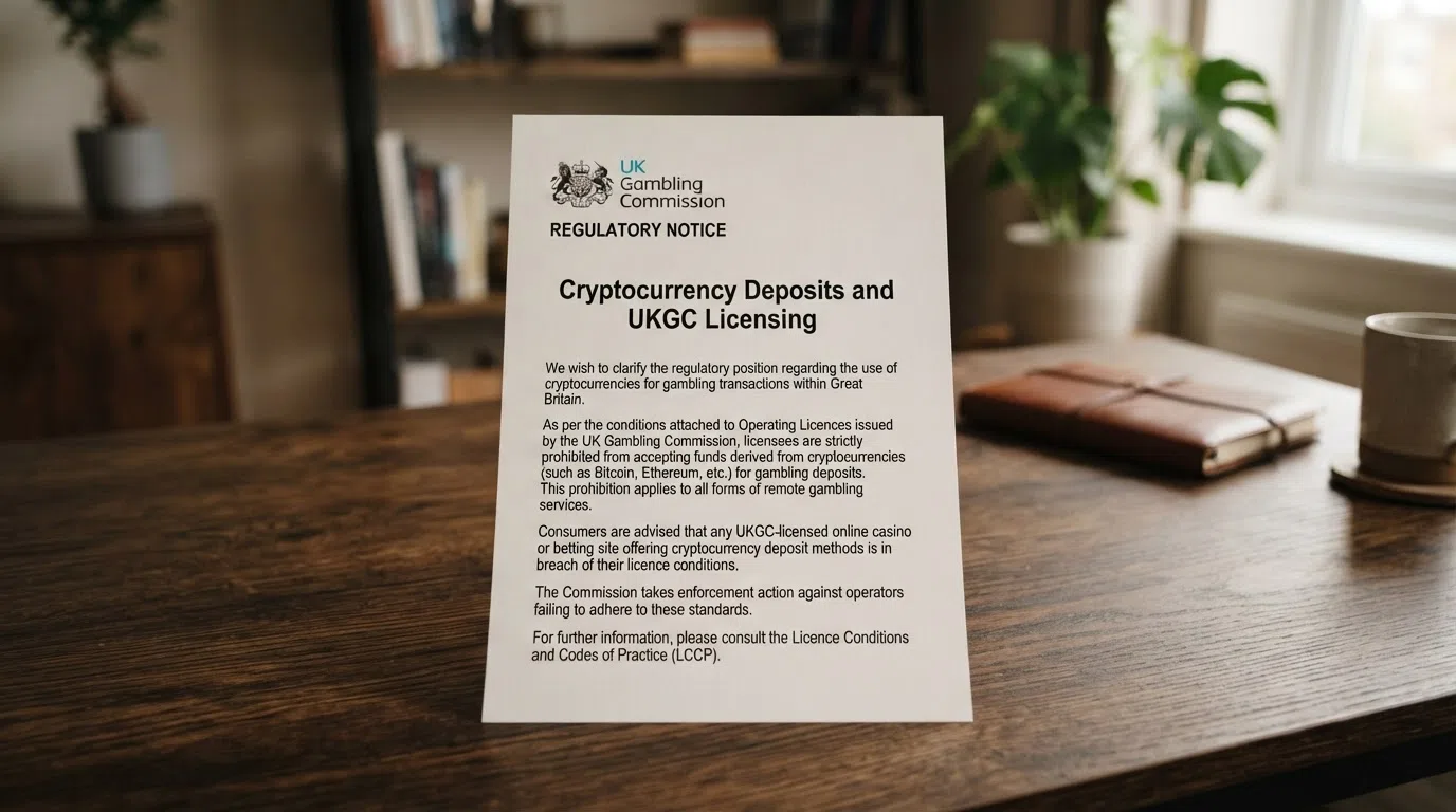 The UK Gambling Commission logo beside a warning-stylised statement that no UKGC-licensed casino accepts cryptocurrency deposits