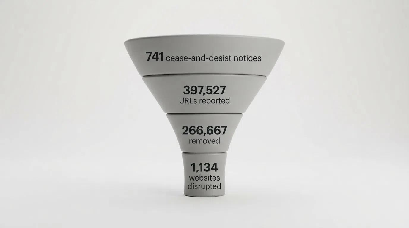 A funnel or impact diagram visualising the UKGC's 2025-26 enforcement figures: 741 cease-and-desist notices at the top narrowing through 397,527 URLs reported, 266,667 removed, and 1,134 websites disrupted at the bottom