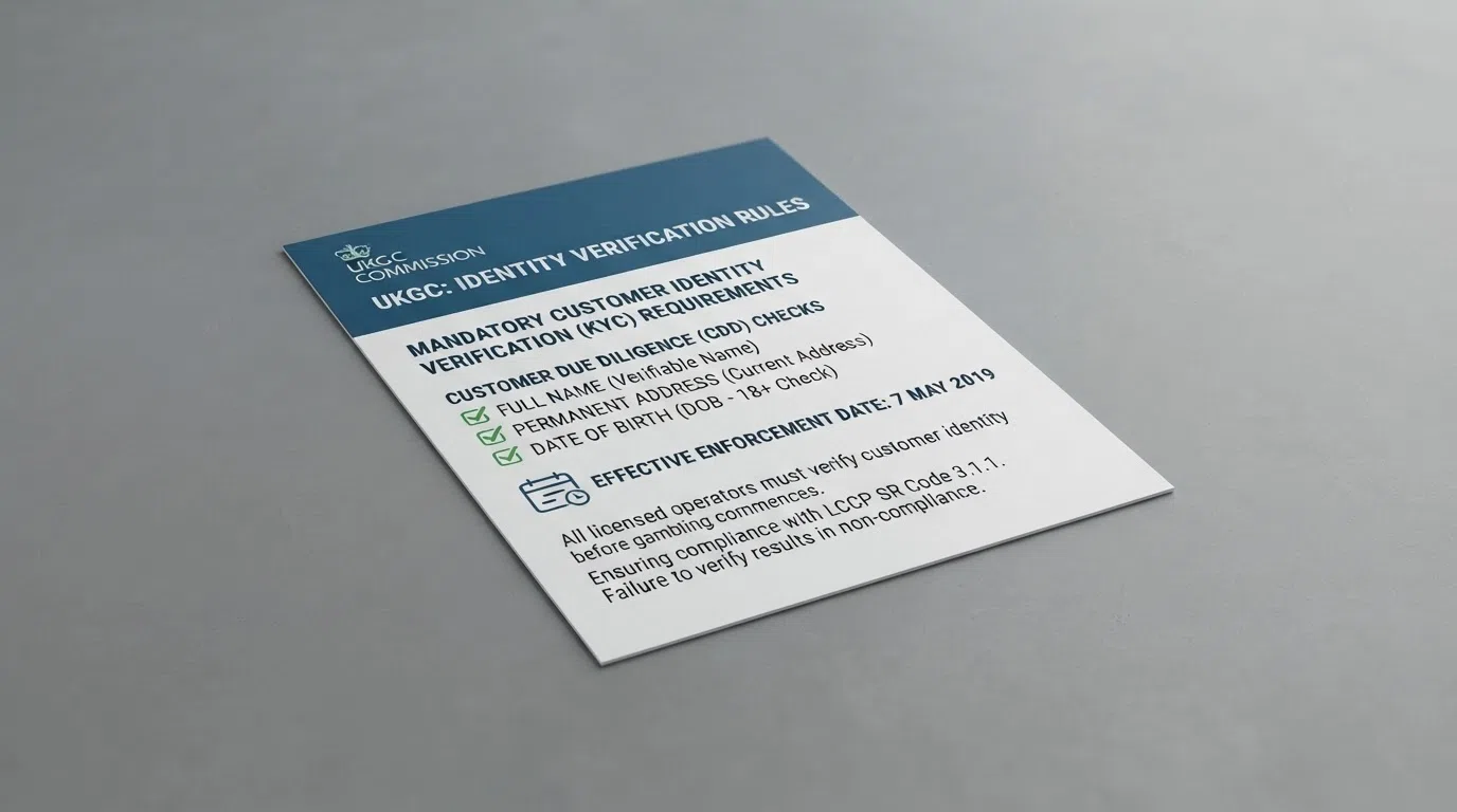 The UK Gambling Commission logo on an official document beside a checklist listing name, address and date of birth as the three mandatory verification fields