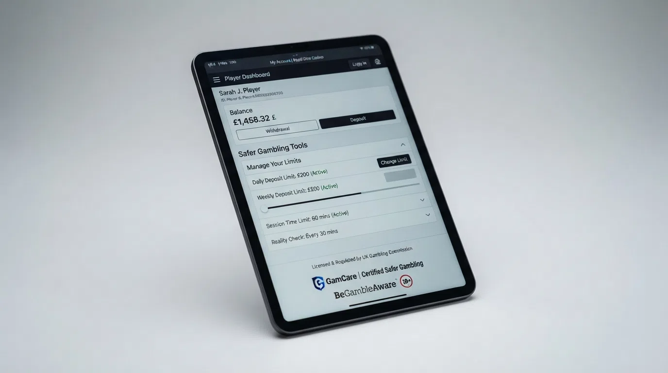 A close-up of an iPad screen showing a casino account page with deposit-limit settings and a GamCare badge visible in the footer