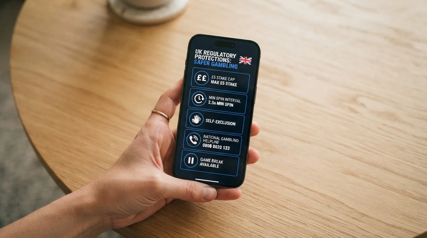 A visual summary of the UK regulatory protections that apply to every jackpot slot spin: the £5 stake cap, the 2.5-second minimum, the GamStop logo and the National Gambling Helpline number