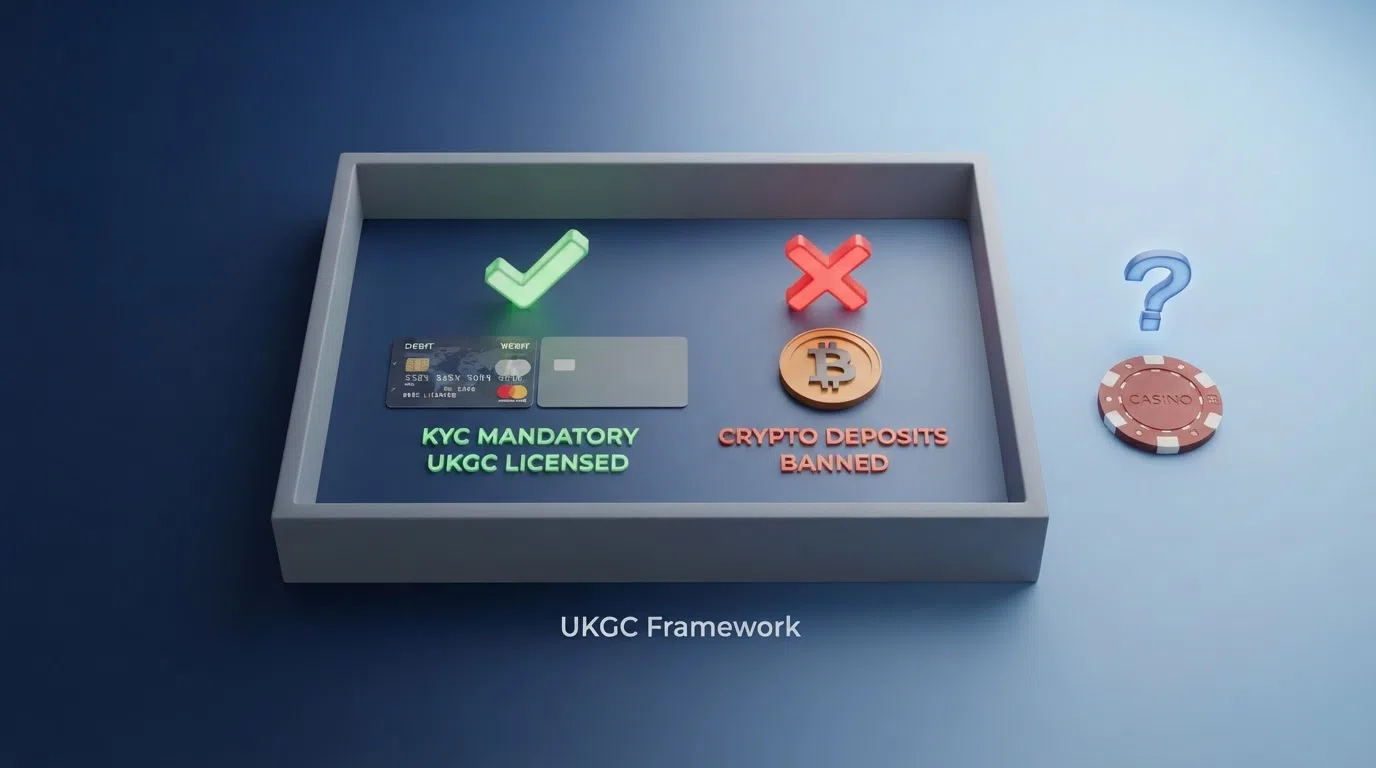 A simplified visual showing the UKGC licensing framework as a walled perimeter: inside, a checkmark for KYC verification and a cross for cryptocurrency deposits; outside, a question mark labelled offshore