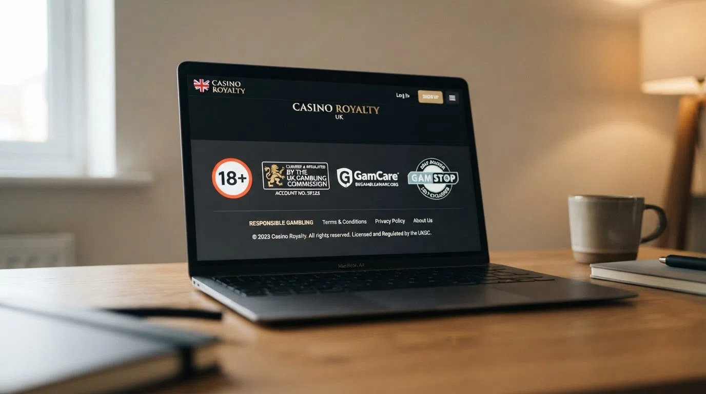The footer of a UK-licensed online casino website showing the UKGC licence badge with account number, the GamStop logo, an 18+ age restriction symbol, and a “Safer Gambling” link.