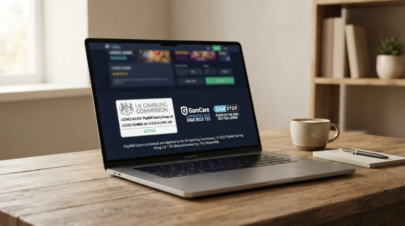 A close-up of a UK Gambling Commission licence certificate displayed on a casino website footer alongside GamCare and GAMSTOP logos