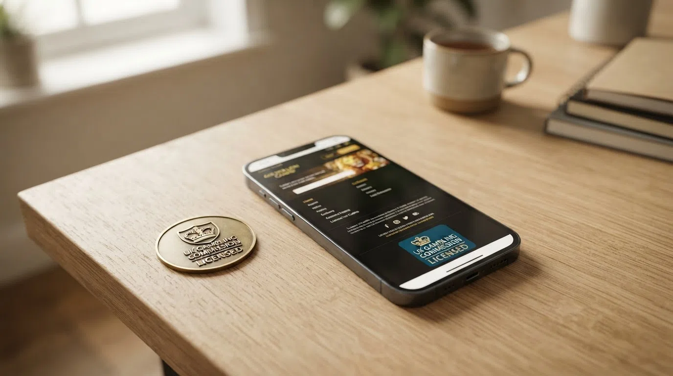 The UK Gambling Commission logo beside a smartphone showing a licensed casino's footer with its licence number visible