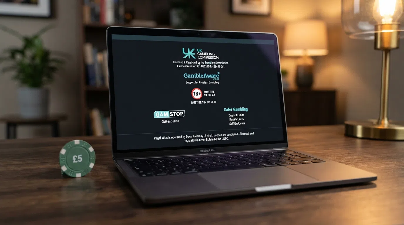 The footer of a UKGC-licensed online casino showing the Gambling Commission licence badge, GamStop logo, and 18+ age-restriction marker