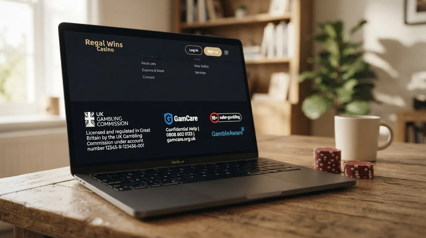 The footer of a UK-licensed casino website showing the UK Gambling Commission licence number, GamCare logo, and 18+ safer-gambling badge