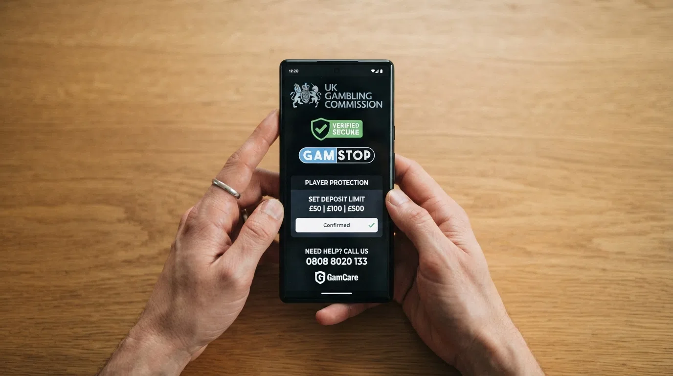 A UK Gambling Commission logo beside the key player-protection icons: identity verification, GAMSTOP, deposit limits and the National Gambling Helpline number