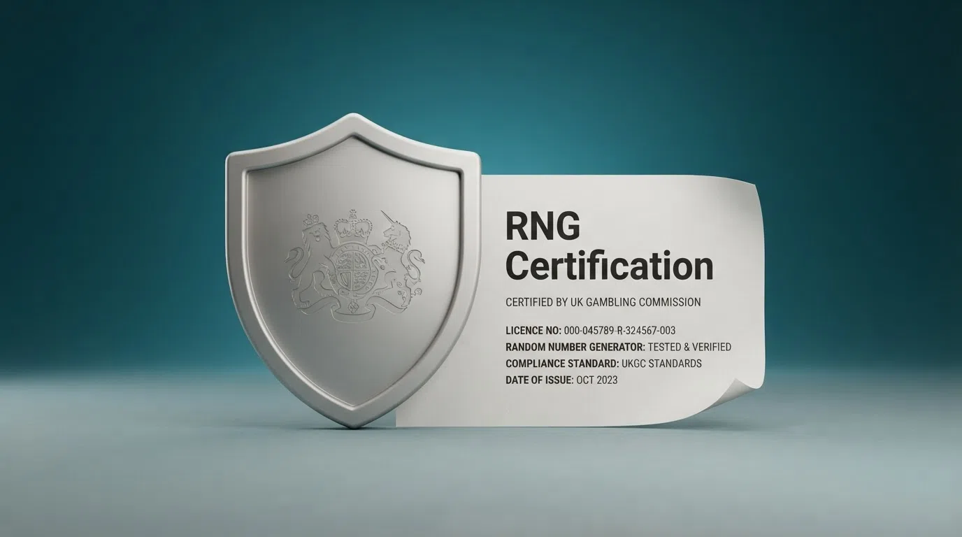 The UK Gambling Commission logo alongside a certificate of RNG testing and a shield icon representing player fund protection