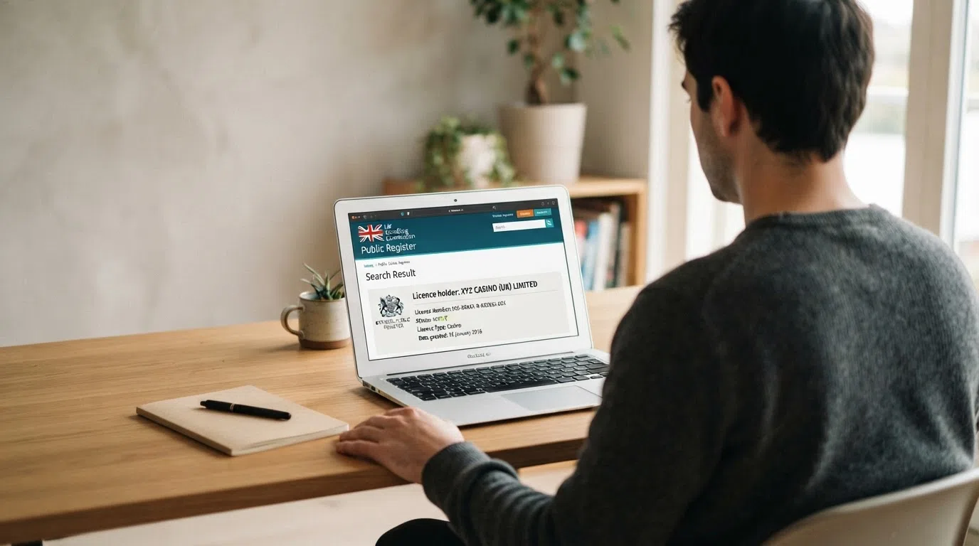A browser window open to the Gambling Commission public register search page with a licence-holder result displayed, next to the UKGC logo