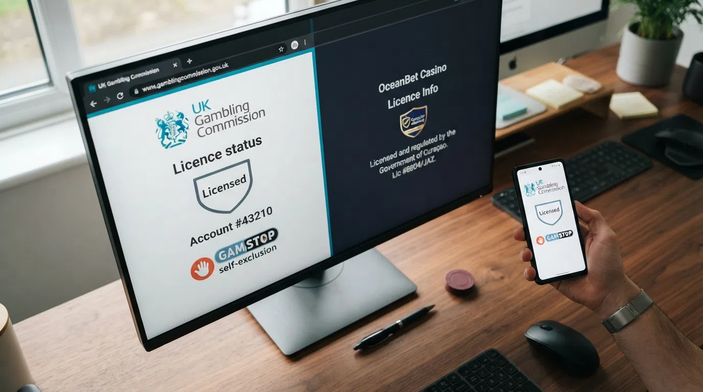 A split-screen comparison: the left side showing a UKGC licence badge with the Gambling Commission logo and GAMSTOP logo, the right side showing a generic casino footer with a Curaçao licence reference