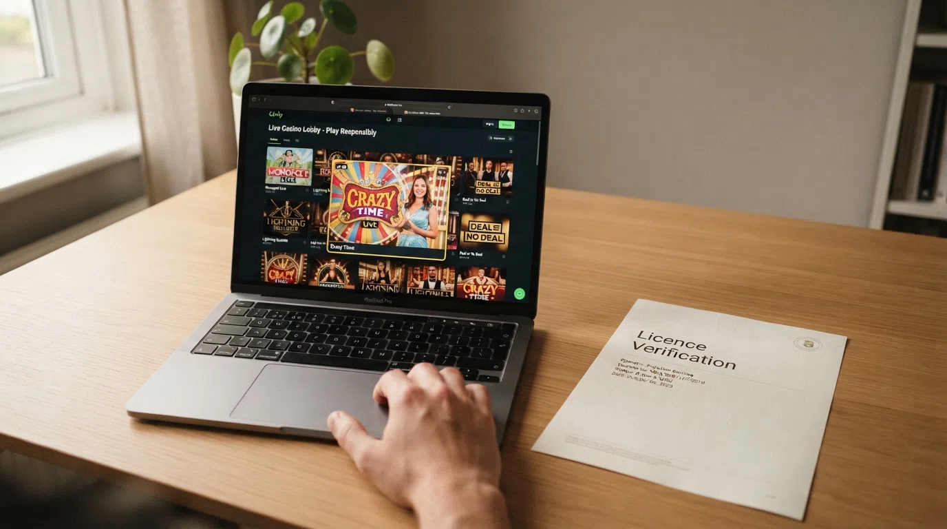 A UK Gambling Commission licence certificate displayed beside a casino lobby screen showing the Crazy Time game tile among live-dealer games
