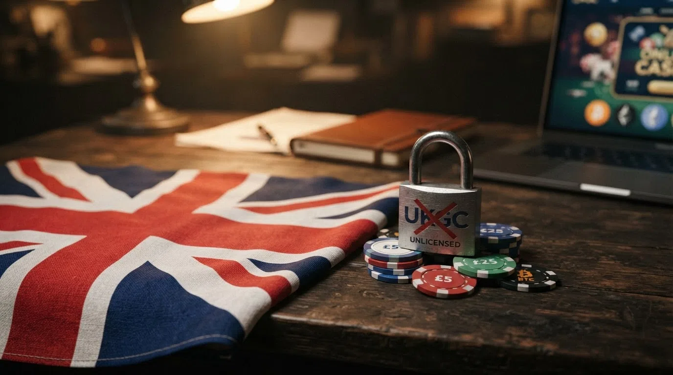 A UK flag beside a crossed-out padlock over casino chips