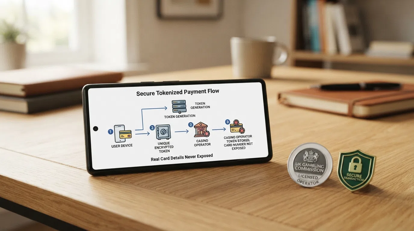 UK Gambling Commission logo and security padlock icon beside a simplified diagram of Google Pay's tokenised payment flow — device, token, casino, with the card number never exposed to the operator