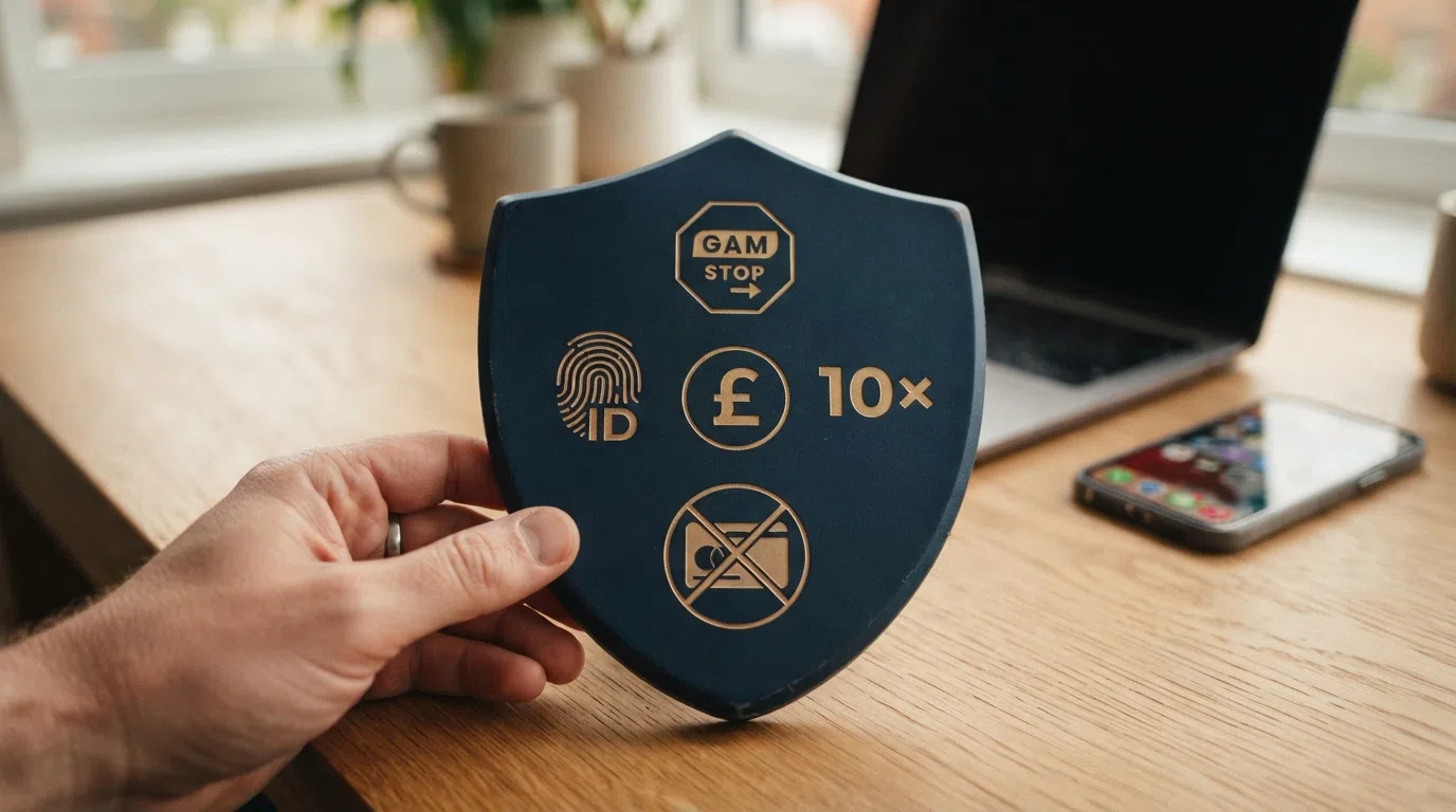 A stylised diagram showing the key player protections a UKGC licence mandates — stake caps, GAMSTOP, identity verification, the 10× wagering ceiling and the credit-card ban, arranged as a shield motif