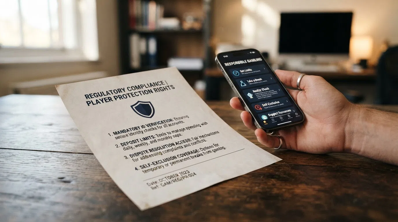 The UK Gambling Commission logo beside a shield icon and a short list of player-protection rights: ID verification, deposit limits, ADR access and GAMSTOP coverage