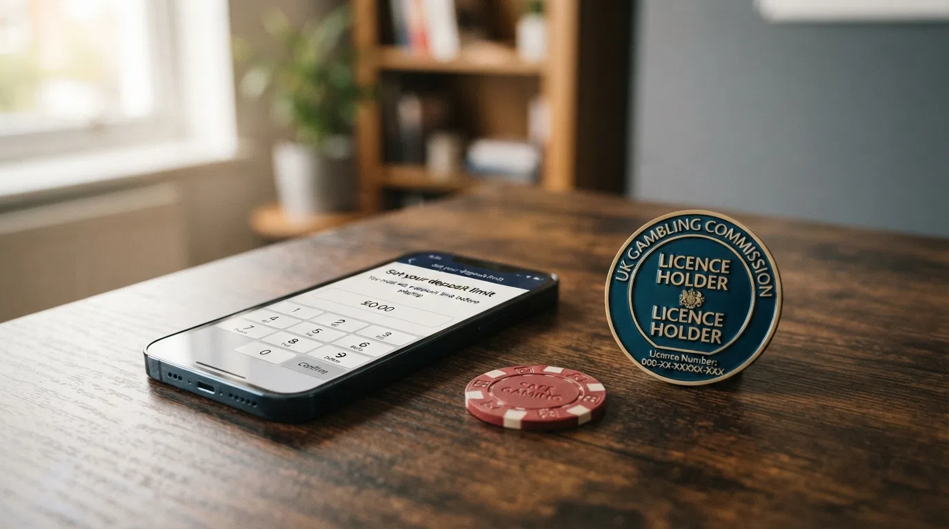 UK Gambling Commission licence badge beside a phone screen showing a deposit-limit prompt