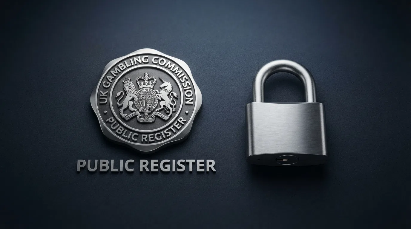 The UK Gambling Commission crest on a dark background beside a padlock symbol and the words “Public Register”