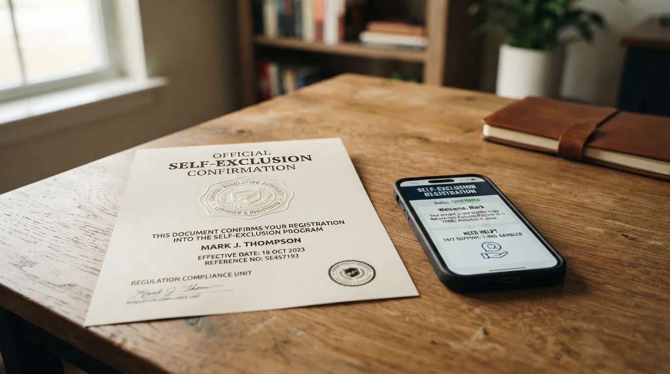 The UK Gambling Commission logo on a regulatory certificate beside a GAMSTOP registration screen and a GamCare helpline number displayed on a smartphone