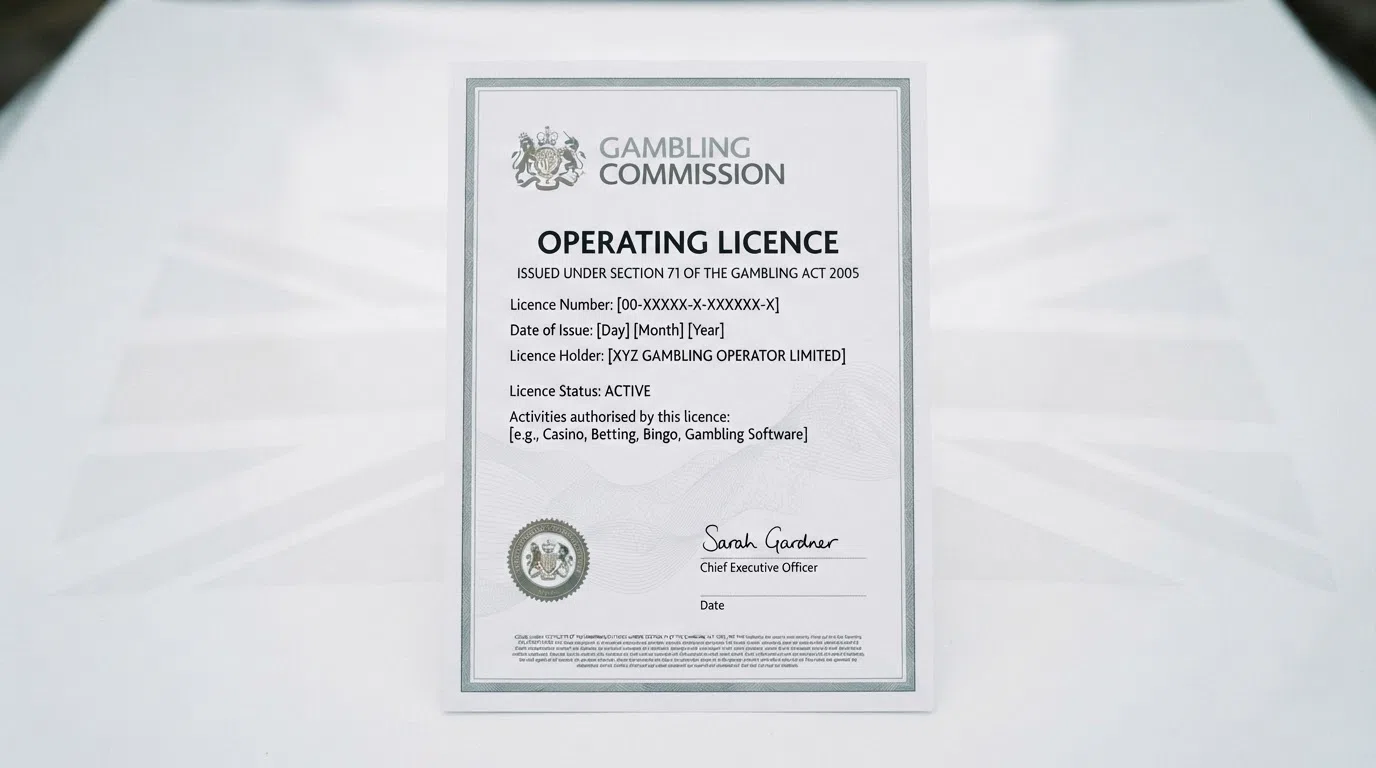 A close-up crop of a Gambling Commission licence certificate with the words “Operating Licence” and the Commission logo clearly legible, set on a clean white background with a subtle Union Jack watermark.