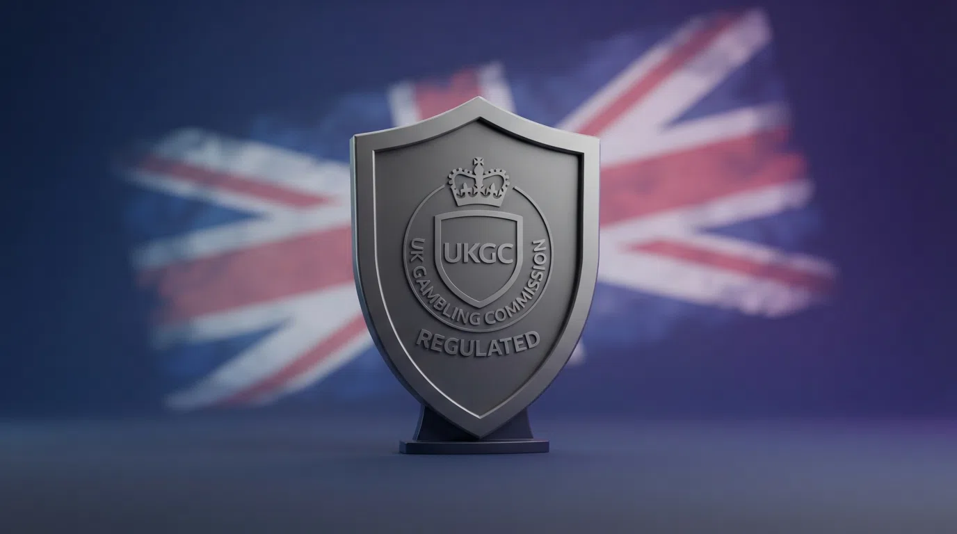 A stylised UKGC badge or shield graphic overlaid on a muted Union Jack background, conveying regulated protection