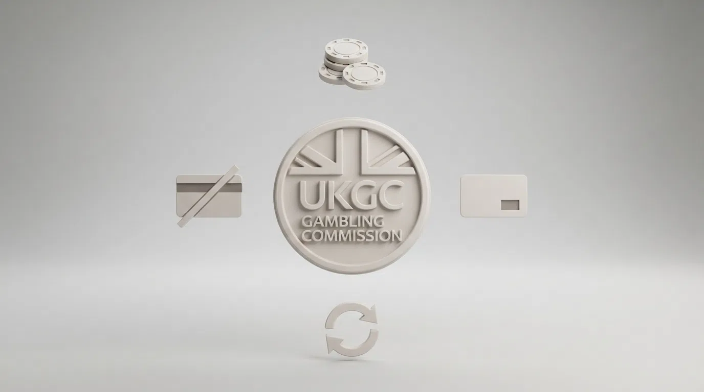 A stylised UKGC logo beside icons representing the key player protections — stake cap, deposit limit, GAMSTOP self-exclusion, credit-card ban