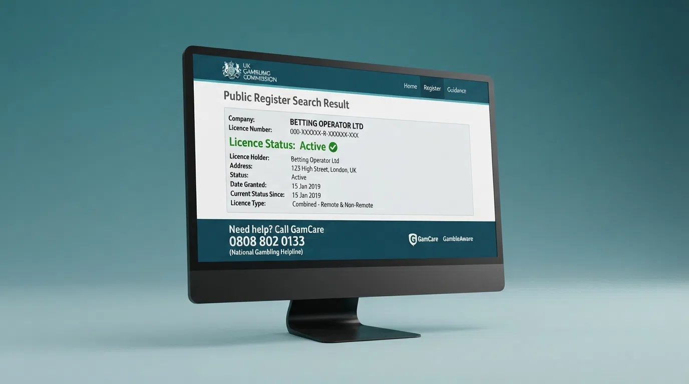The UK Gambling Commission public register search interface on screen, with a licence-status result and the GamCare helpline number displayed