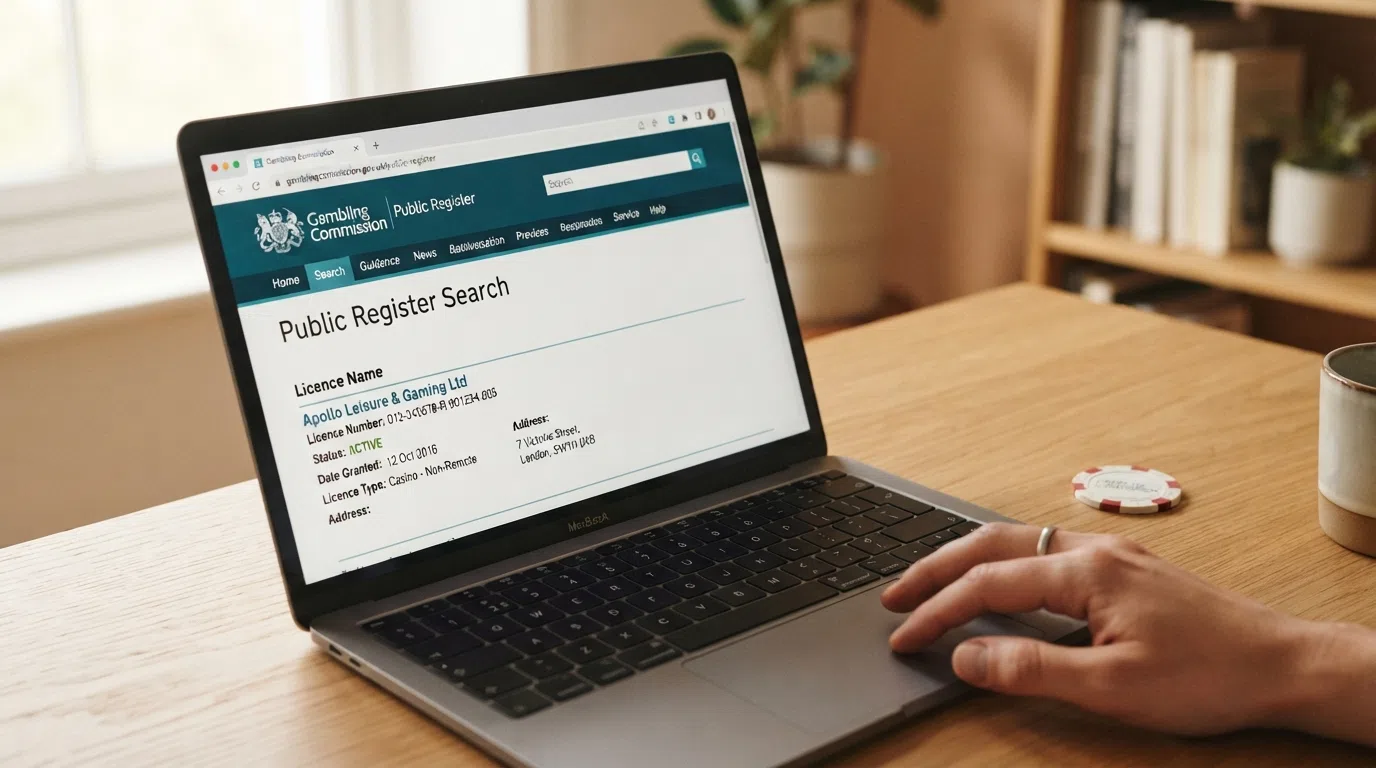 A browser window open to the Gambling Commission public register search page, with a casino licence entry visible on screen