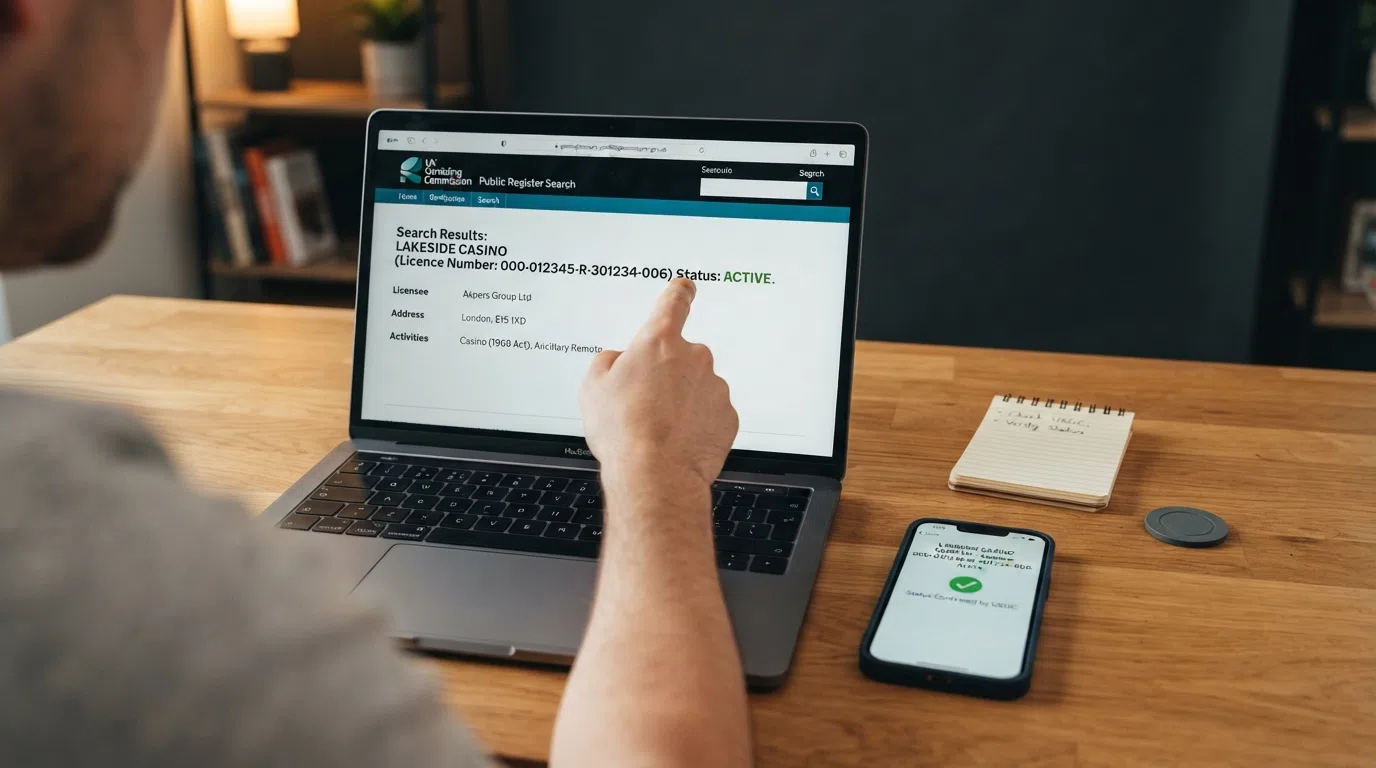 A laptop screen showing the UK Gambling Commission public register search page with a casino licence record displayed