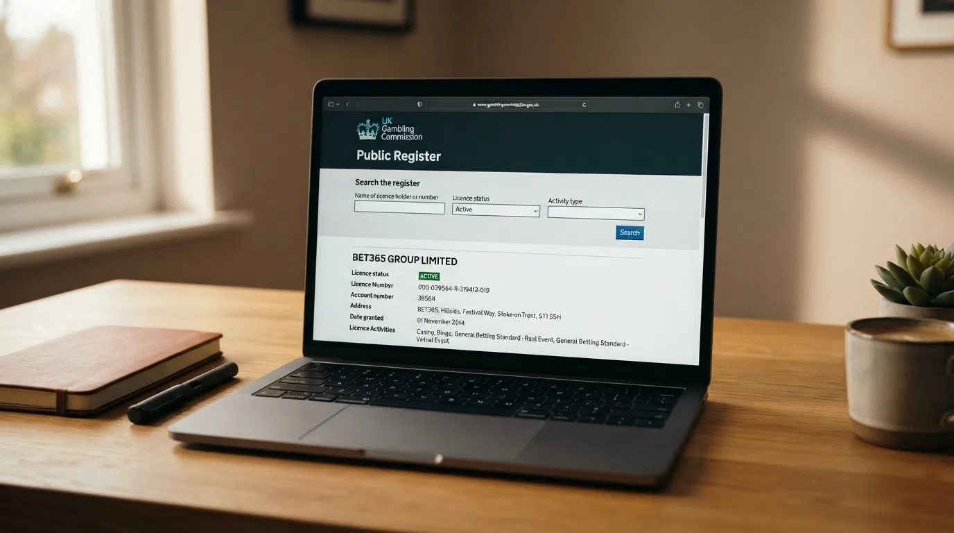 The Gambling Commission public register interface showing the search field and an active operating-licence entry